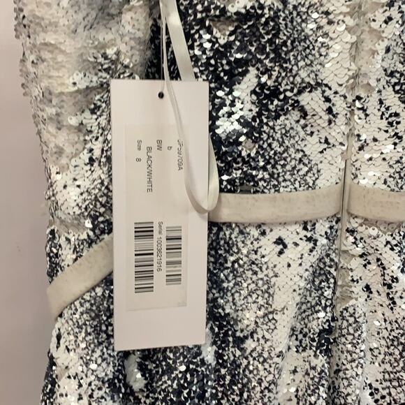 JOVANI BLACK & WHITE SNAKE PRINT HOLOGRAPHIC SEQUINS WEDDING MAXI DRESS SIZE 8 - Picture 10 of 14